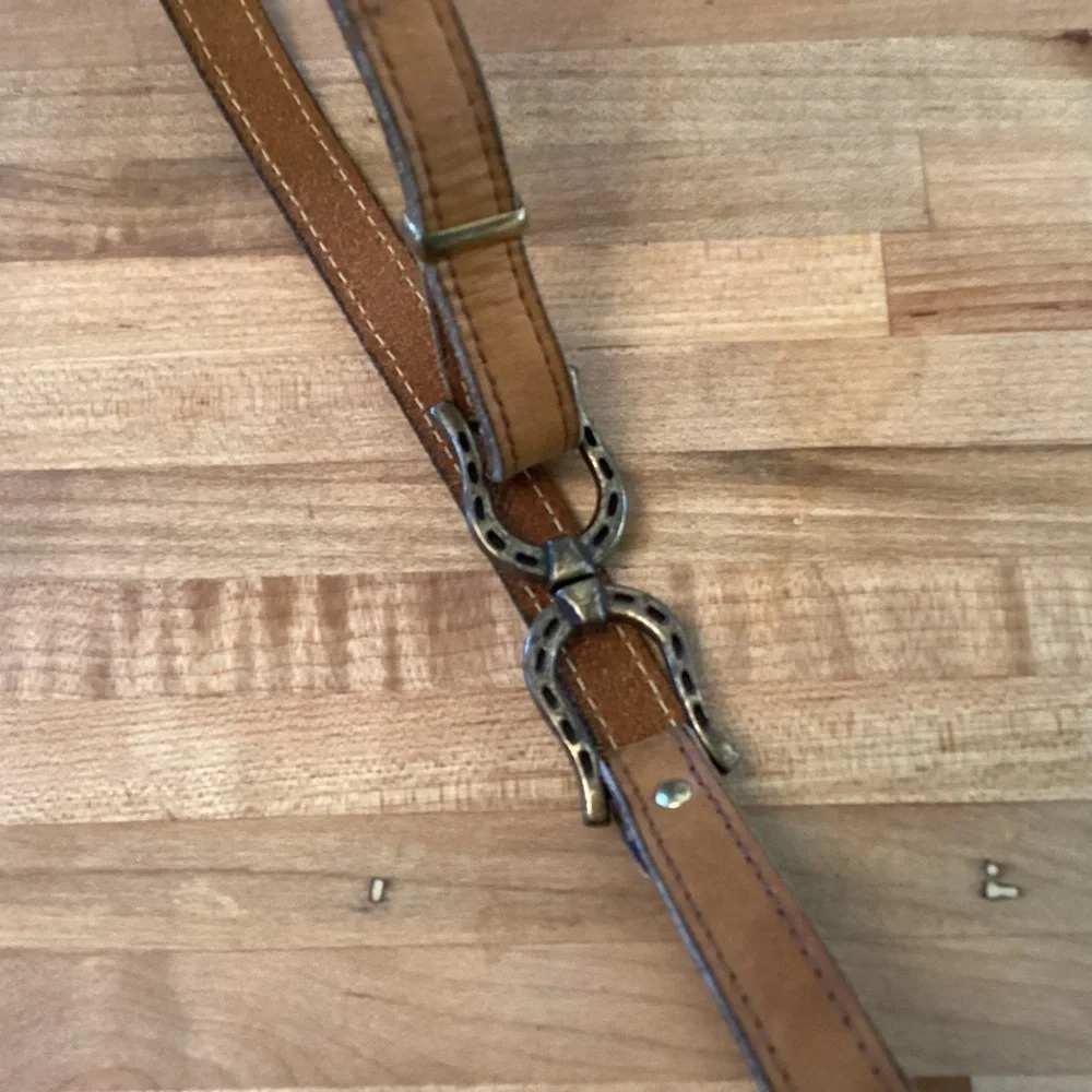 Narrow Brown Leather Belt with Metal Horseshoe Buckle Adjustable Small